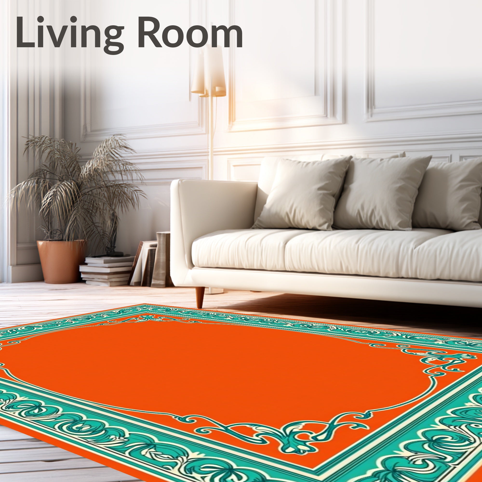 Vibrant Teal Orange Ornate Border Rug