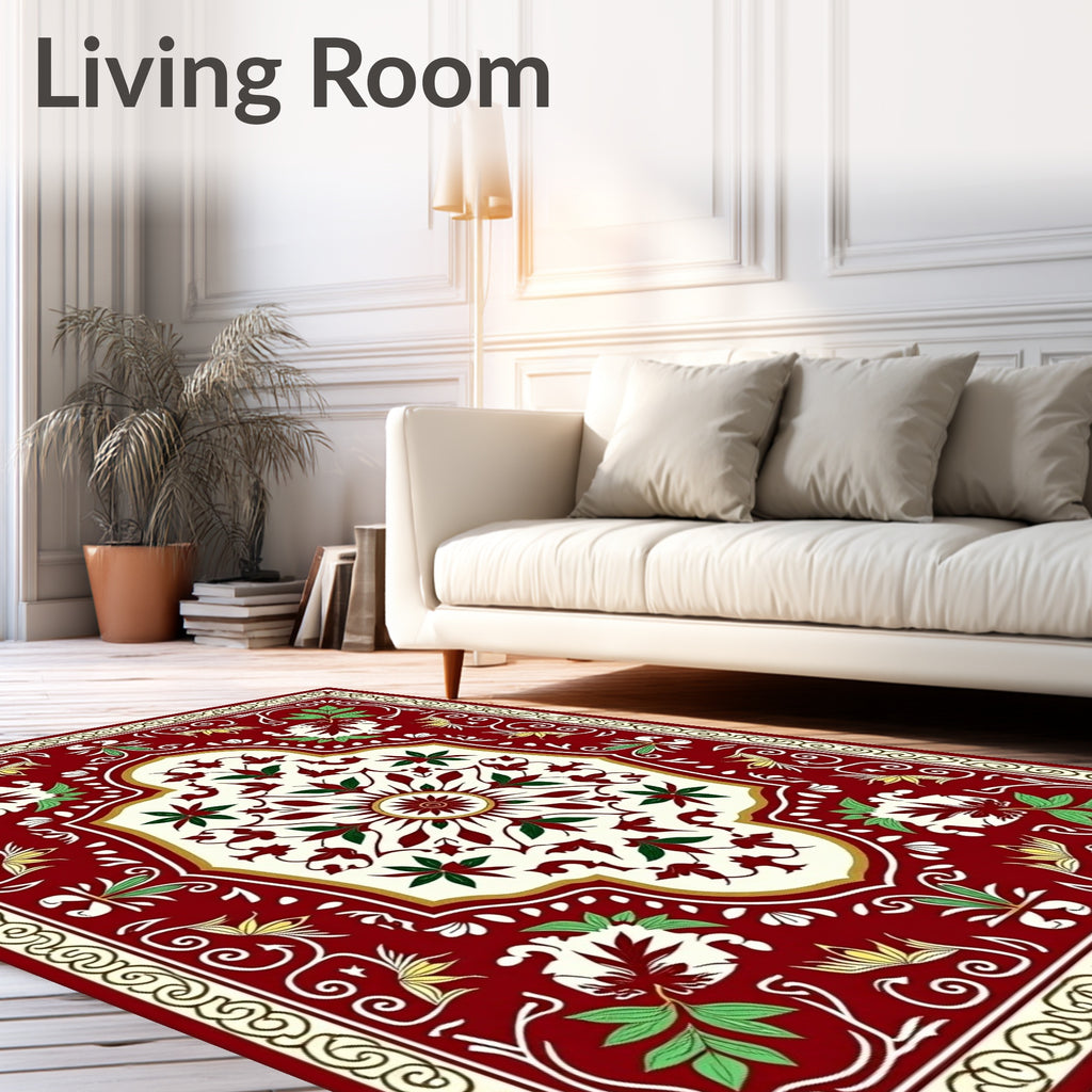 Crimson Green Floral Medallion Border Rug