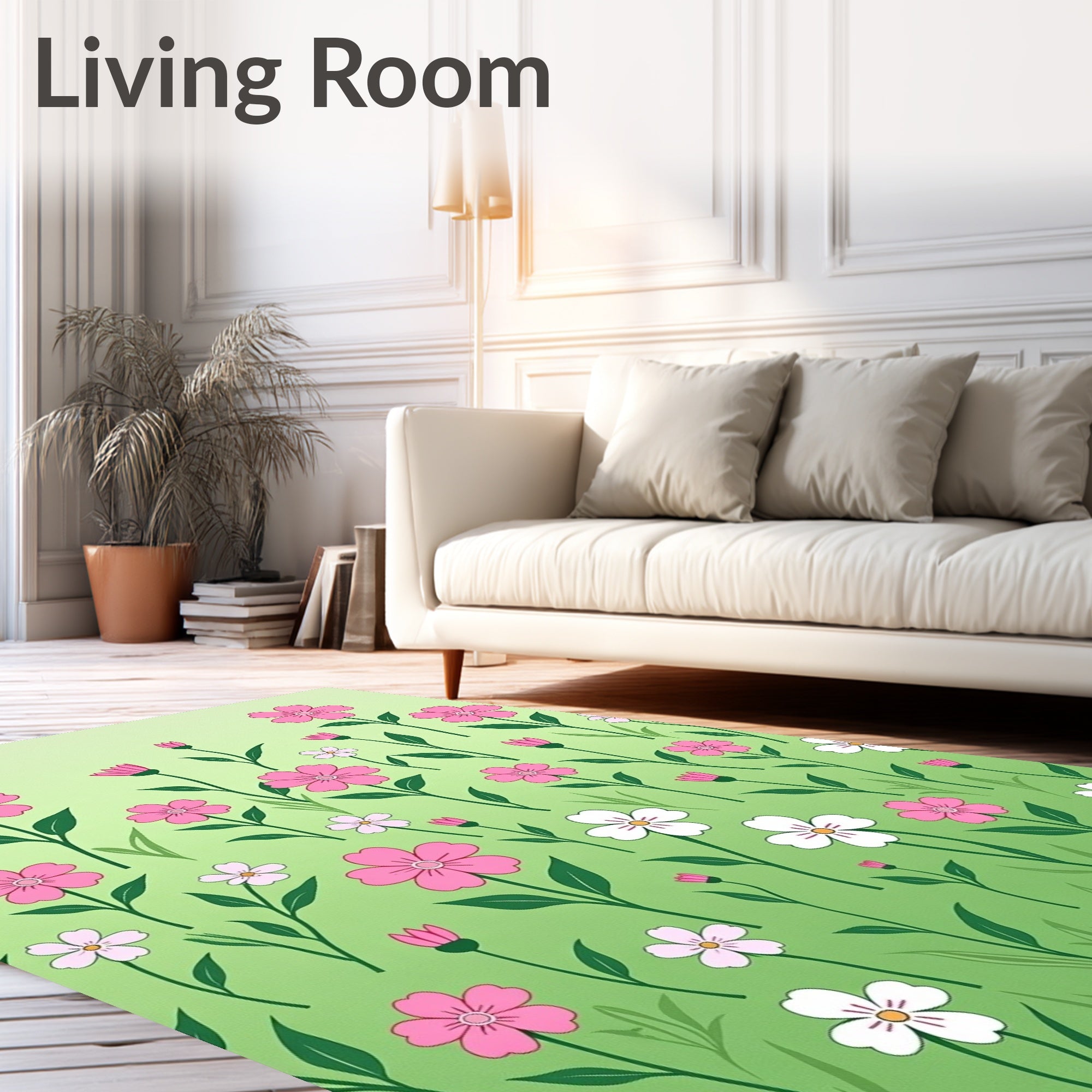 Pink White Flowers on Green Gradient Rug