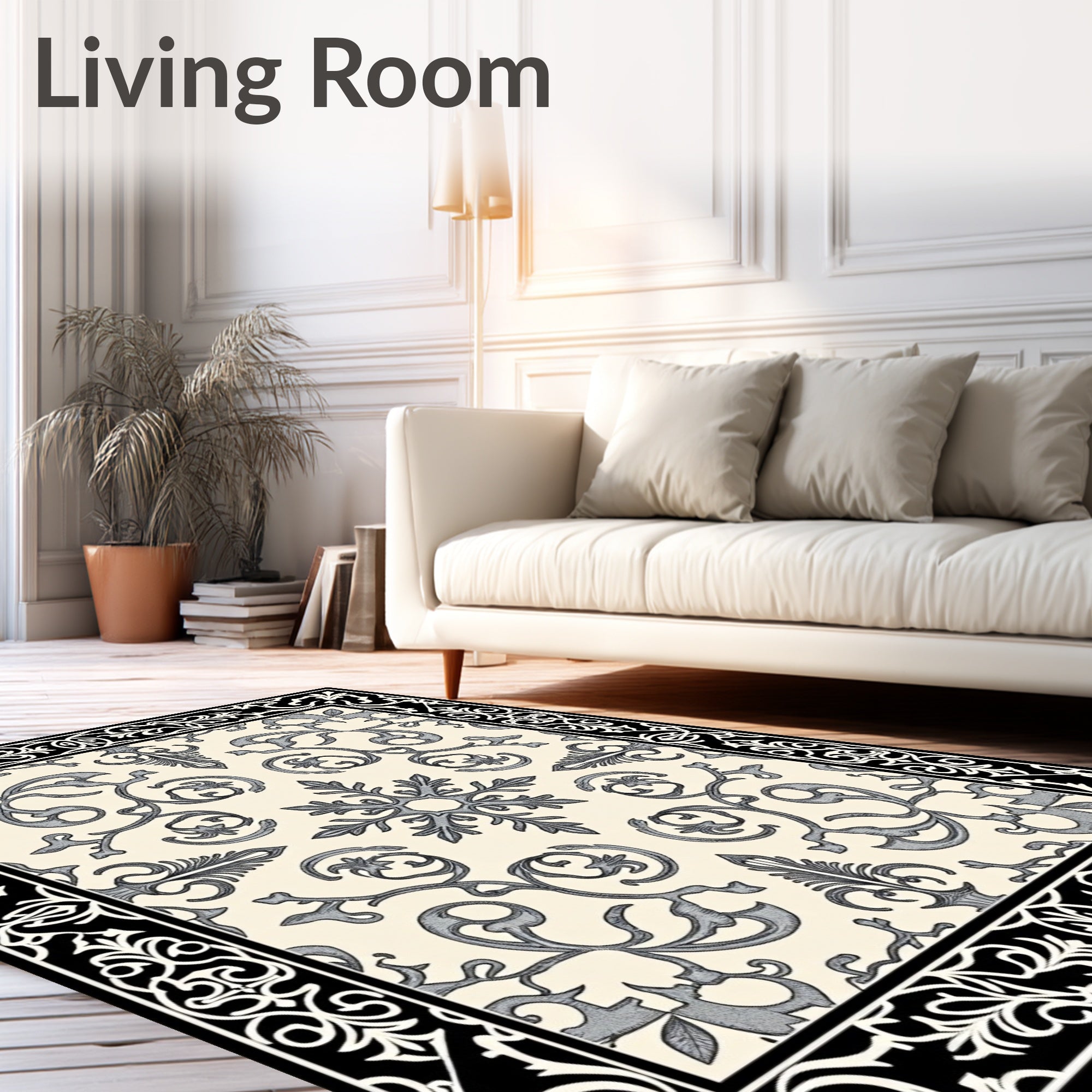 Classic Ivory Black Damask Scroll Rug
