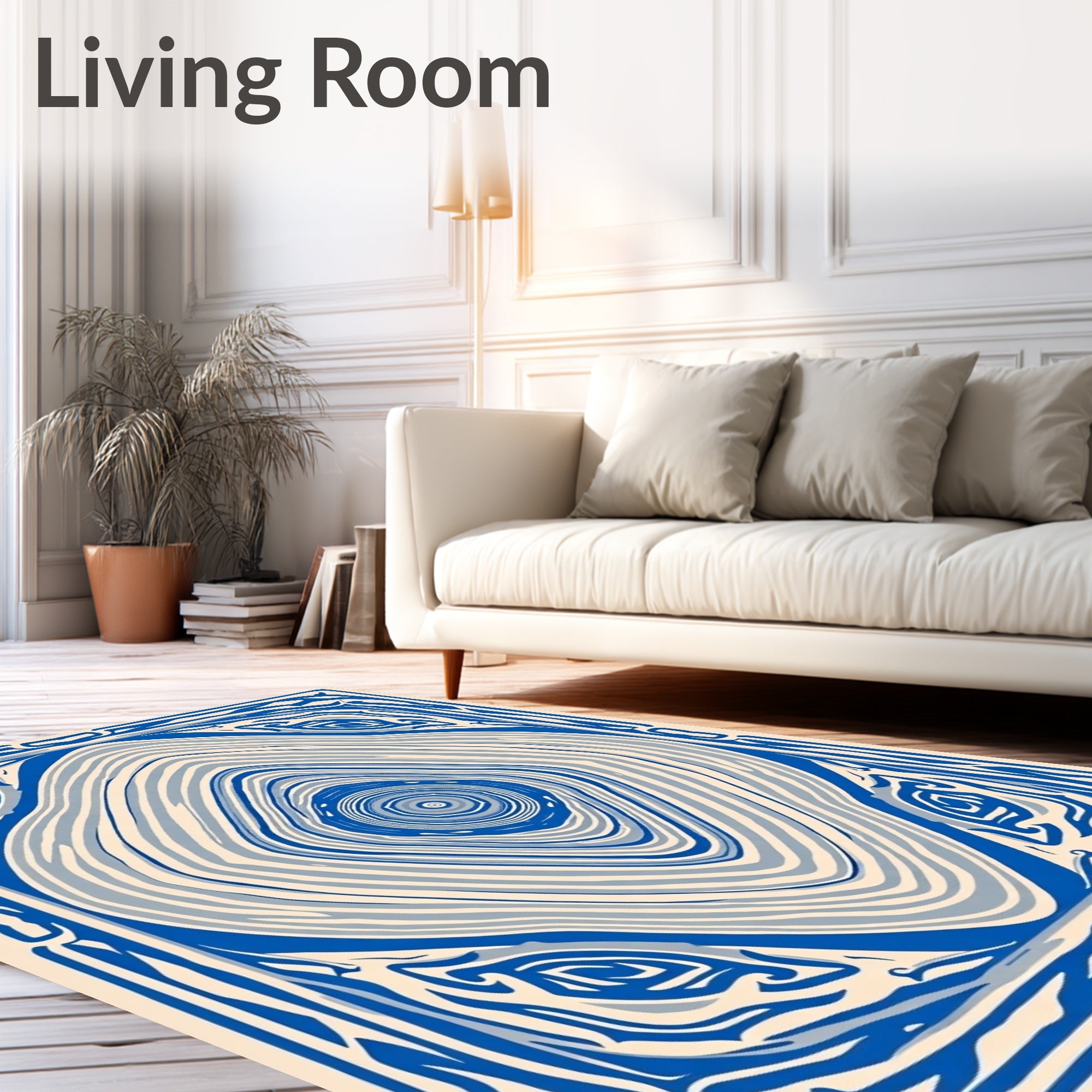Blue Ivory Concentric Square Abstraction Rug