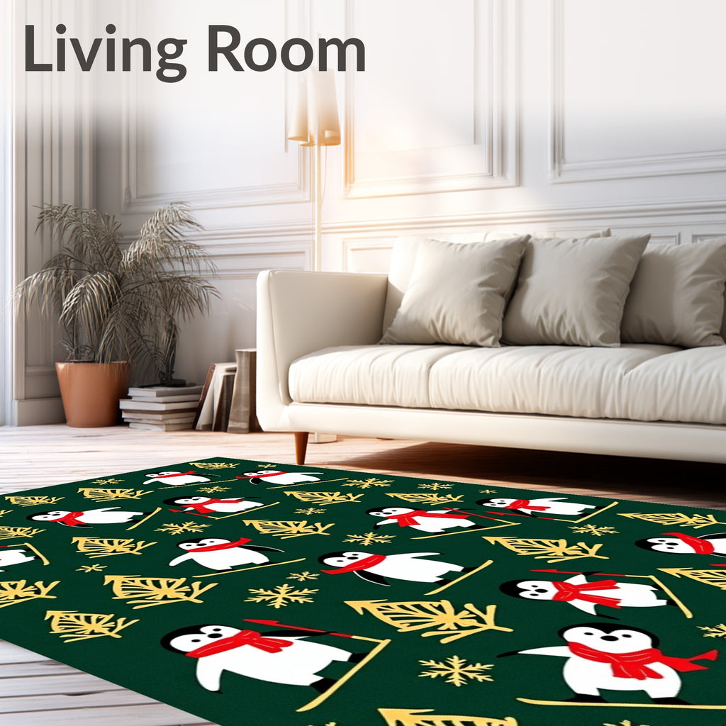 Skiing Penguins And Winter Trees Rug
