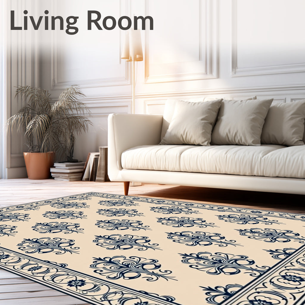 Navy Floral Damask Cream Border Rug