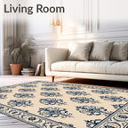 Navy Floral Damask Cream Border Rug