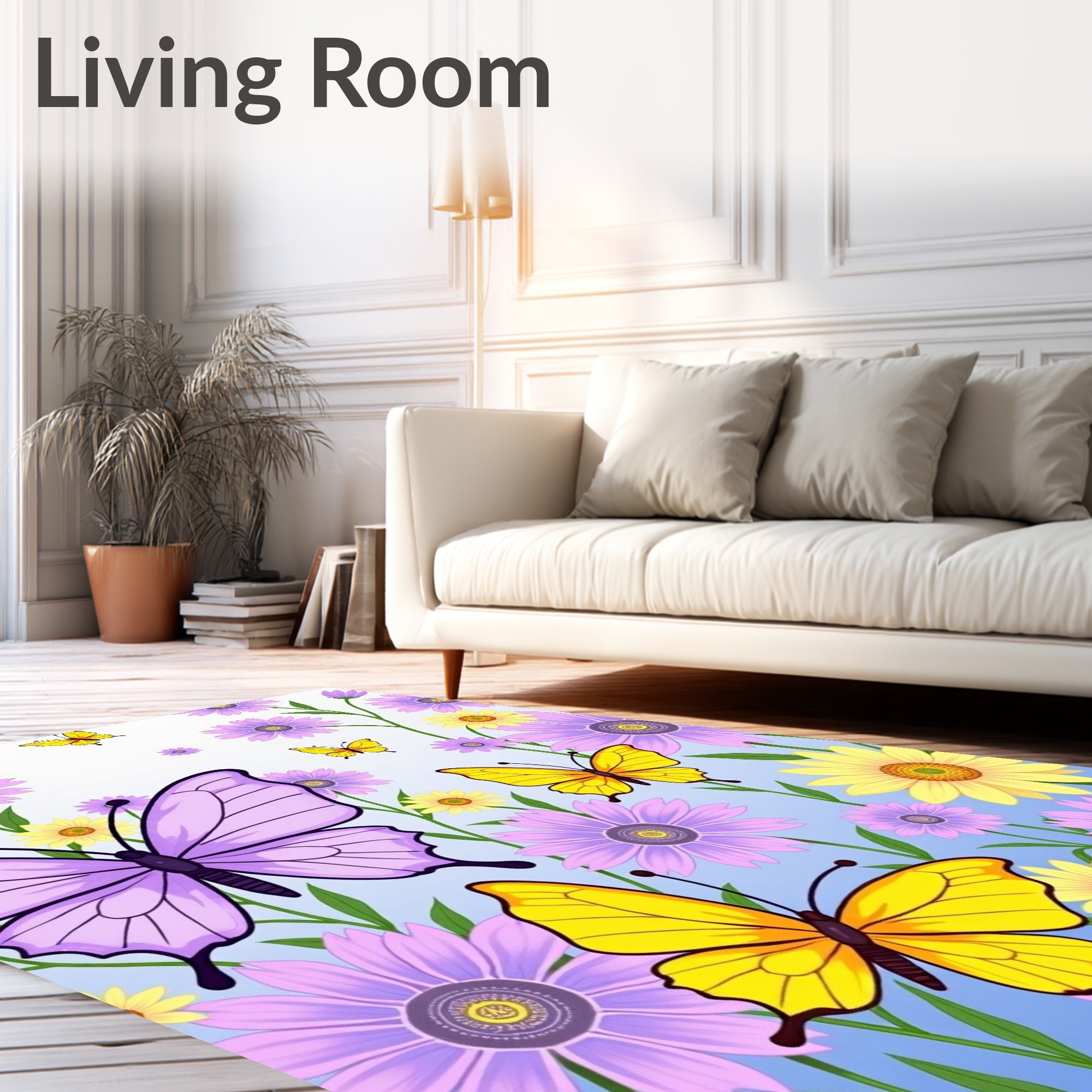 Whimsical Purple Yellow Butterfly Garden Rug
