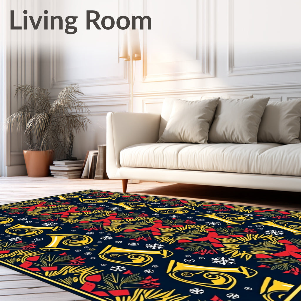 Festive Gold Trumpet Red Bow Snowflakes Rug