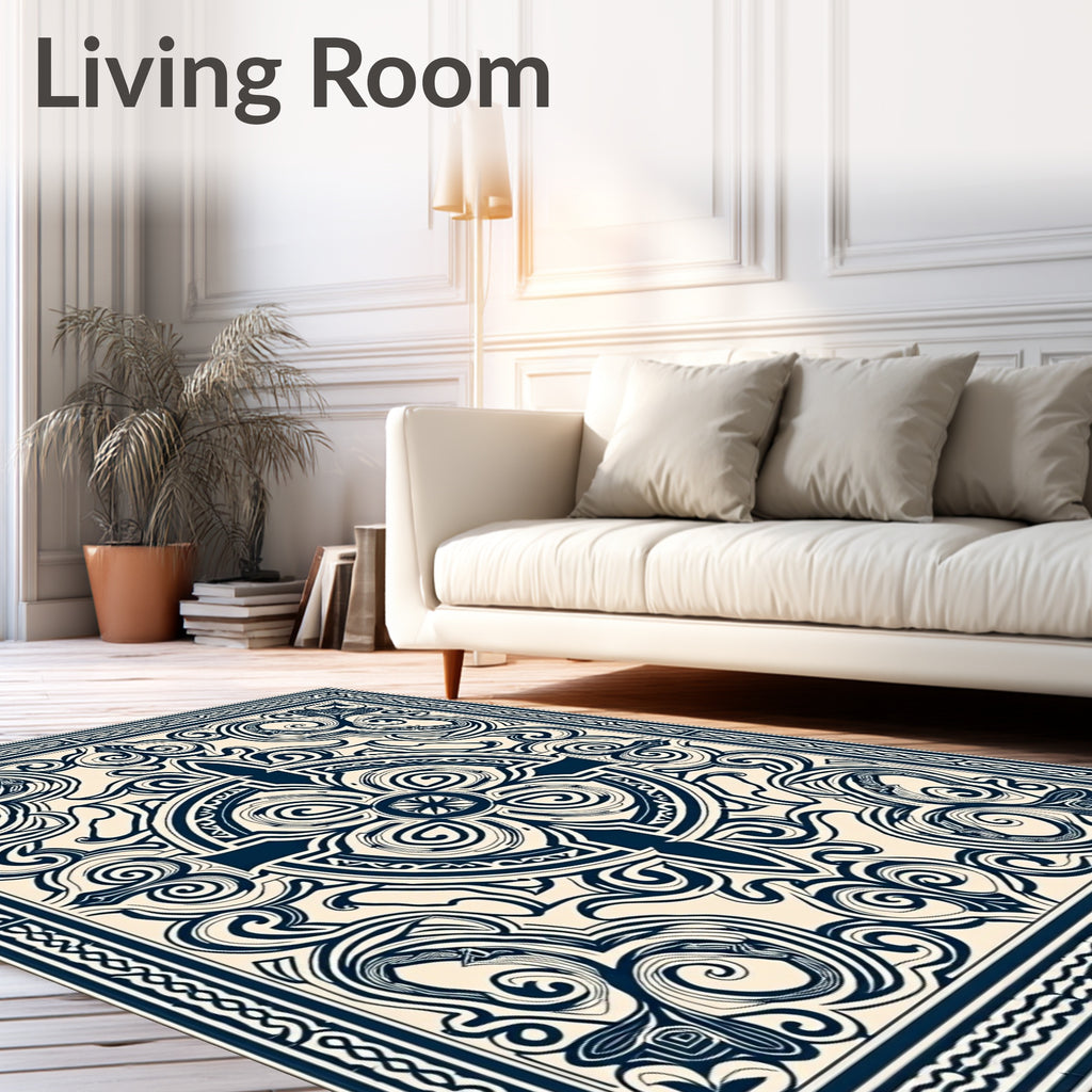 Vintage Cream Navy Scrollwork Medallion Rug