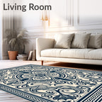 Vintage Cream Navy Scrollwork Medallion Rug