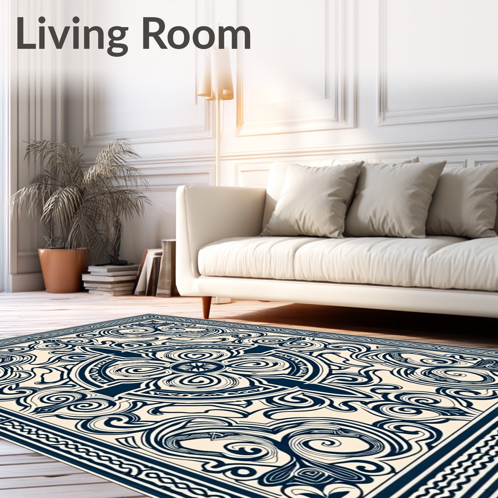 Vintage Cream Navy Scrollwork Medallion Rug