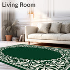 Emerald Green Ivory Floral Border Oval Rug