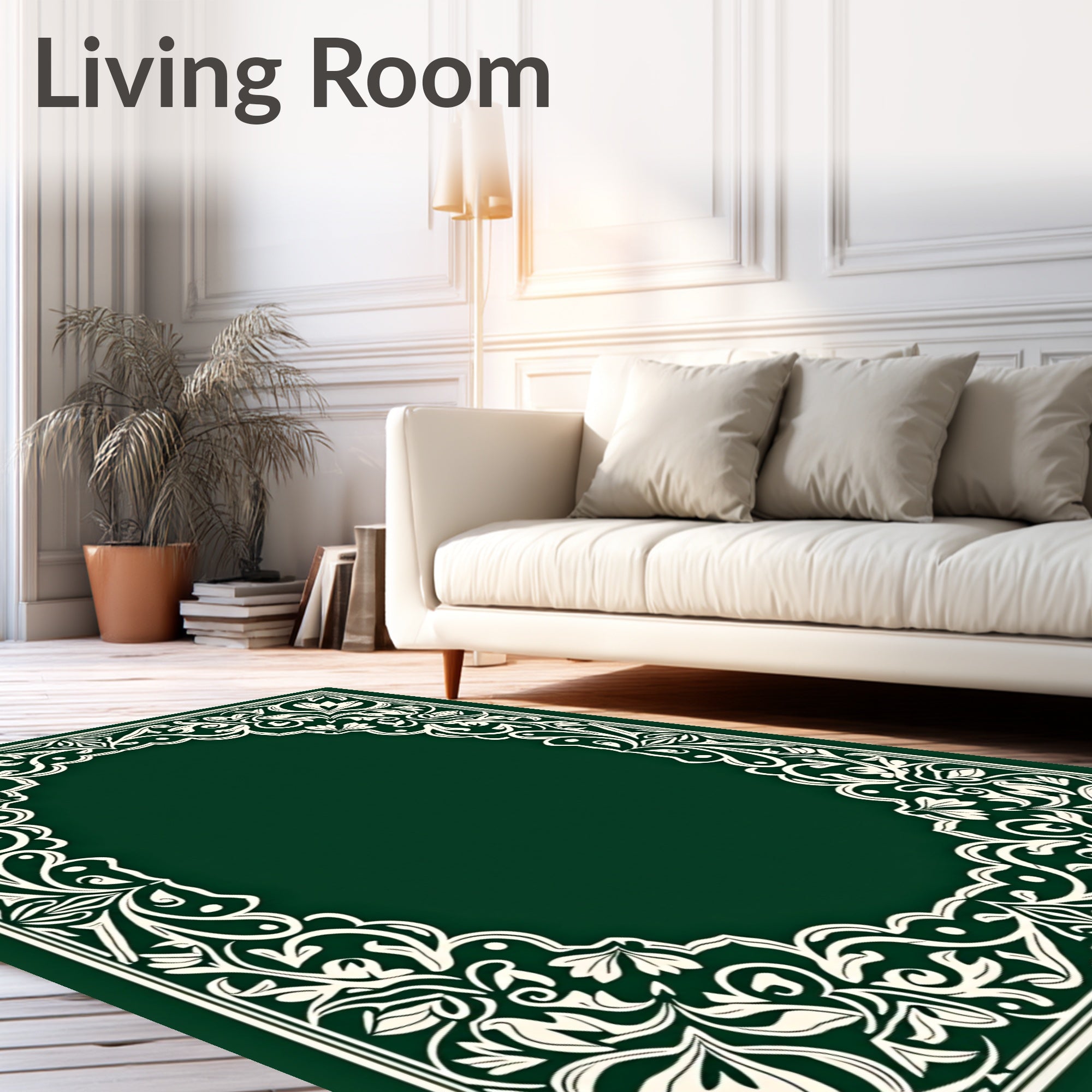 Emerald Green Ivory Floral Border Oval Rug
