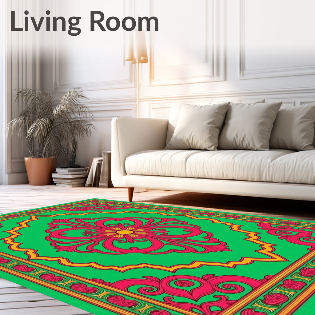 Vibrant Pink Floral Green Medallion Rug