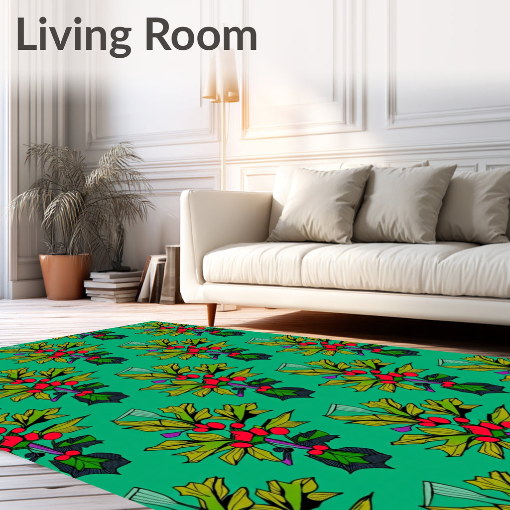Emerald Green Holly Berry Branch Rug