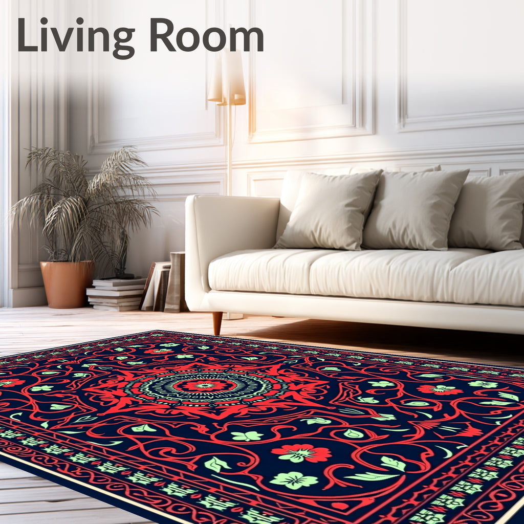 Deep Blue Red Floral Medallion Rug