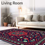 Deep Blue Red Floral Medallion Rug