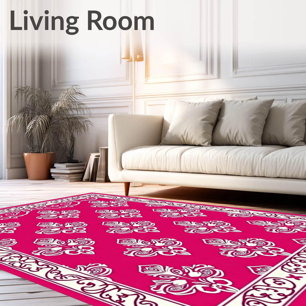 Pink White Elegant Floral Crest Rug
