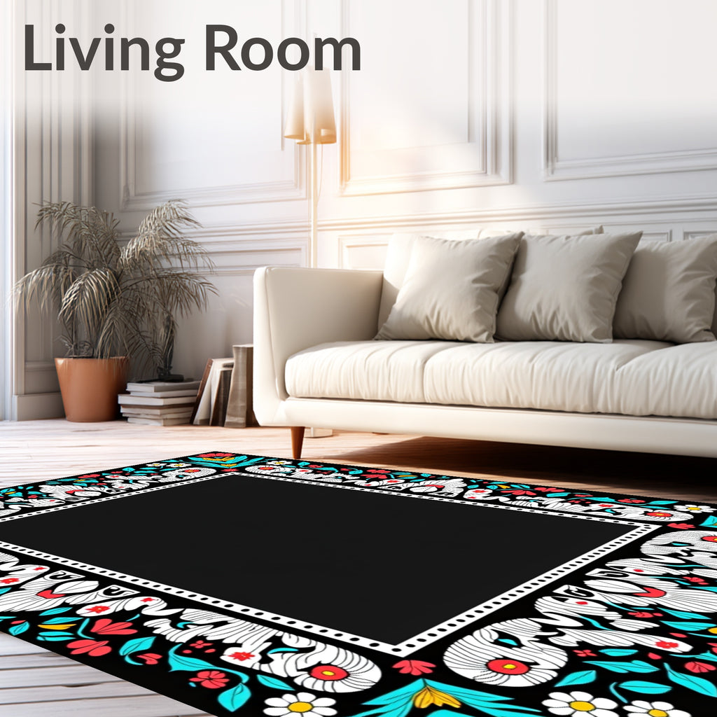 Folk Art Red Coral Teal Floral Border Rug