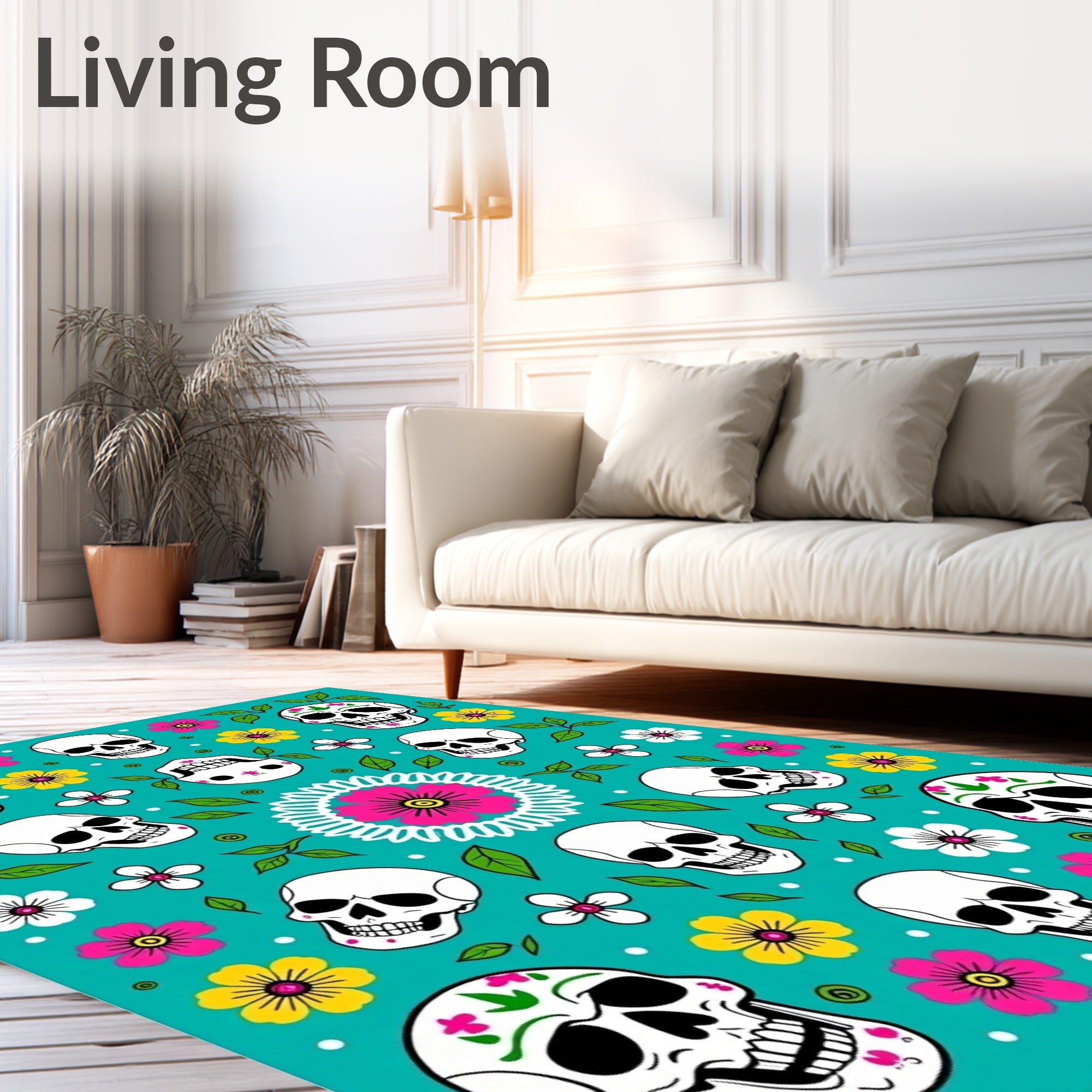 Teal Day of Dead Skulls Floral Swirls Rug