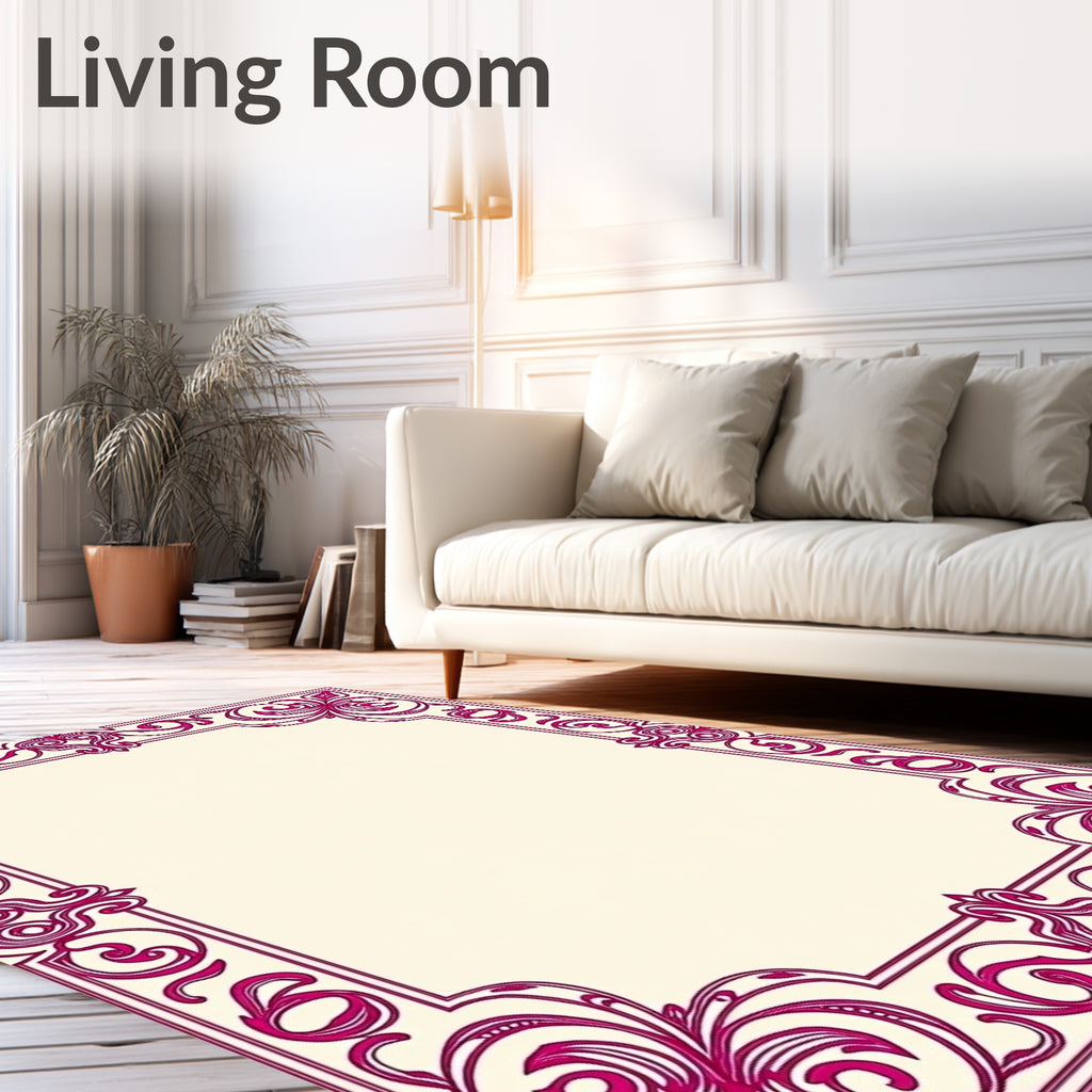 Ornate Magenta Floral Scroll Frame Rug