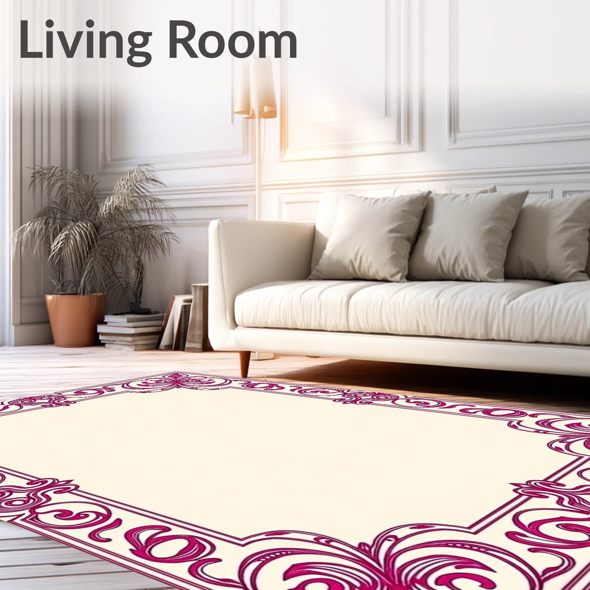 Ornate Magenta Floral Scroll Frame Rug