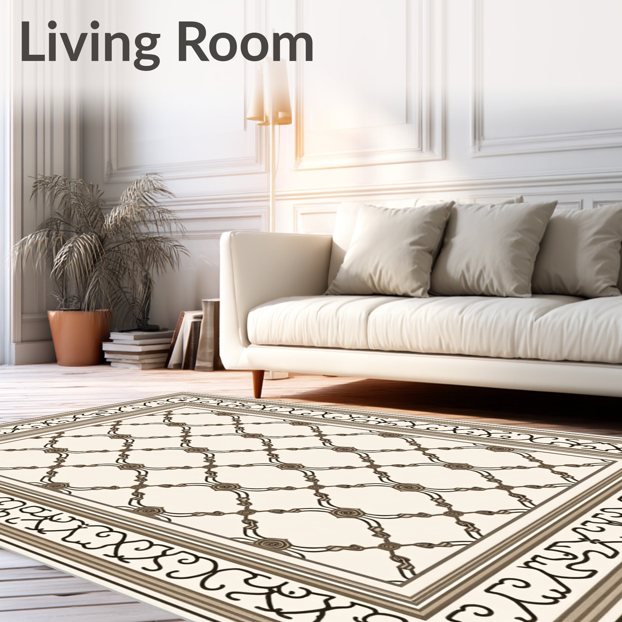 Elegant Cream Brown Lattice Border Rug