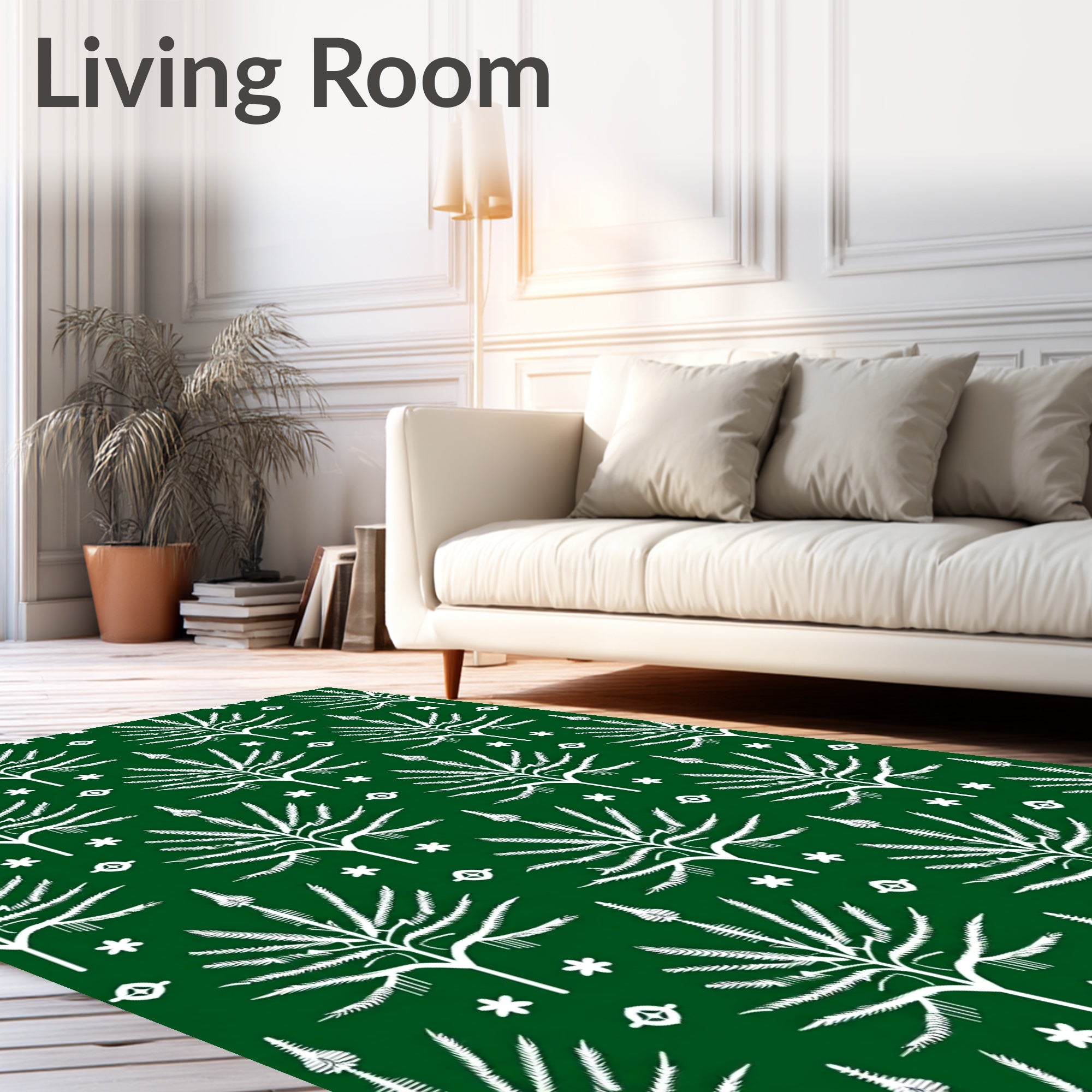 Deep Emerald White Stylized Palm Tree Rug