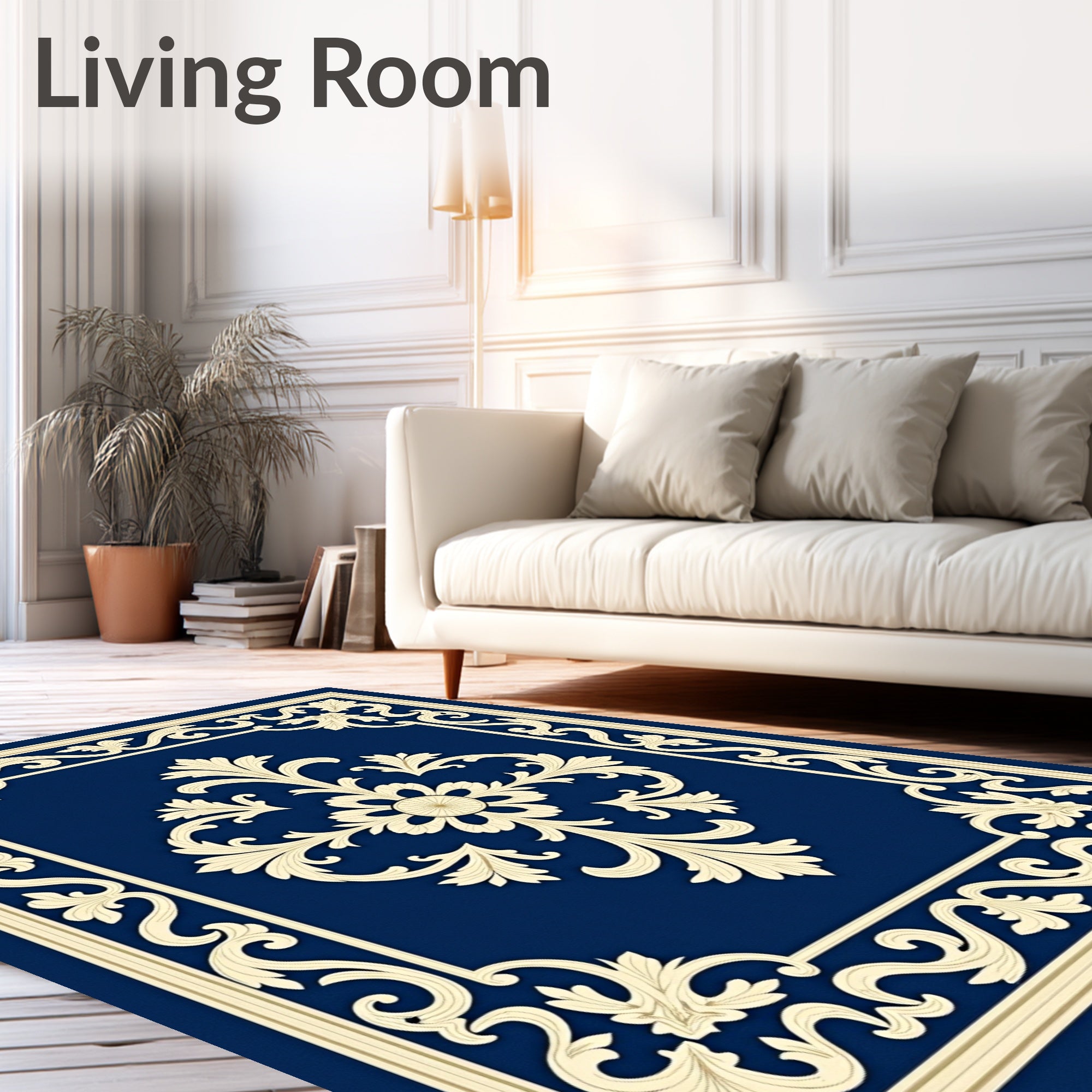 Ornate Navy Floral Scrollwork Rug