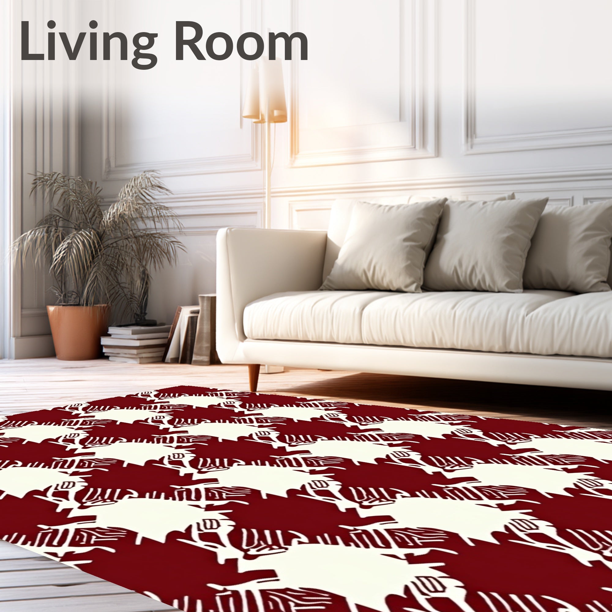 Deep Red Ivory Houndstooth Tree Branch Rug