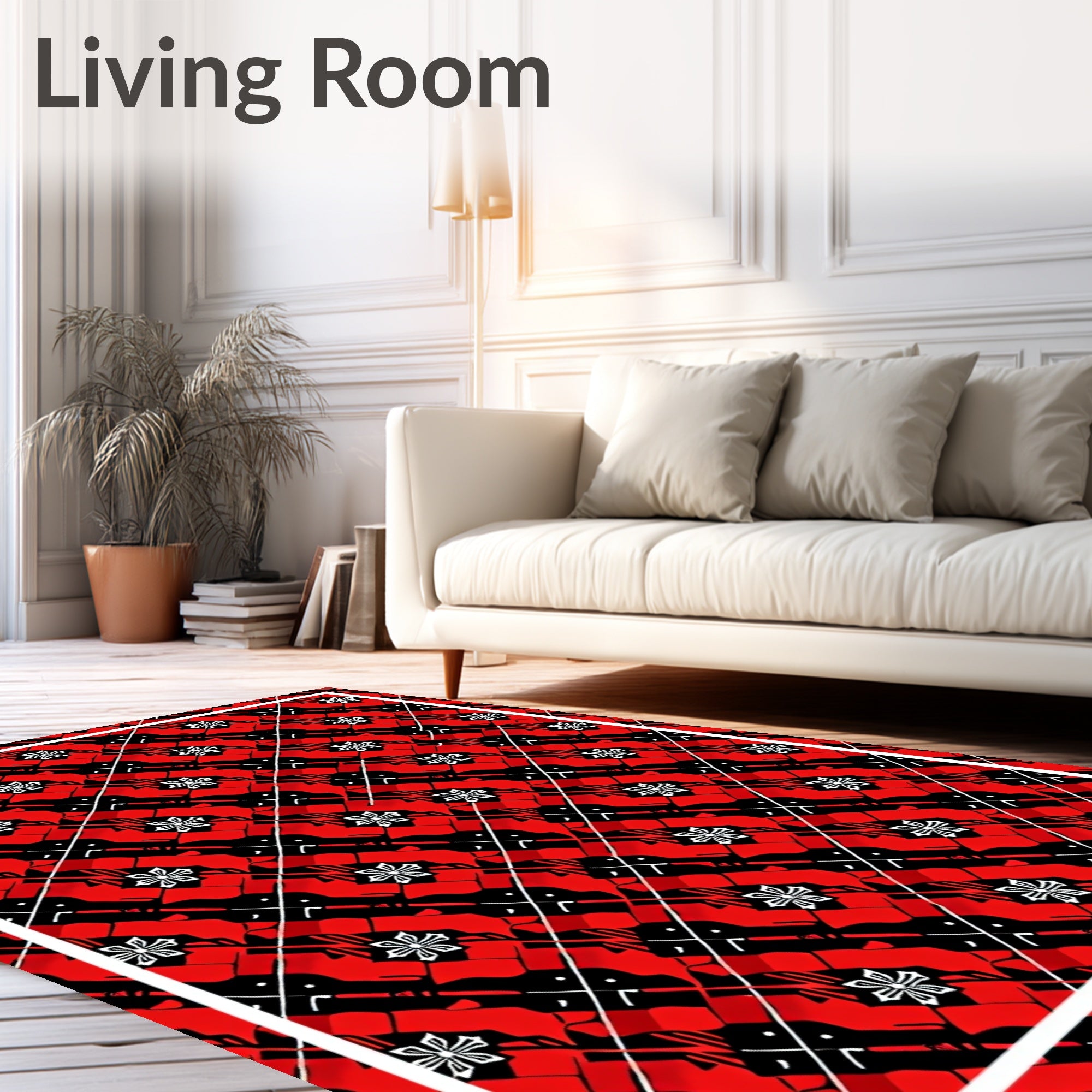 Red Black Geometric Floral Tiling Rug