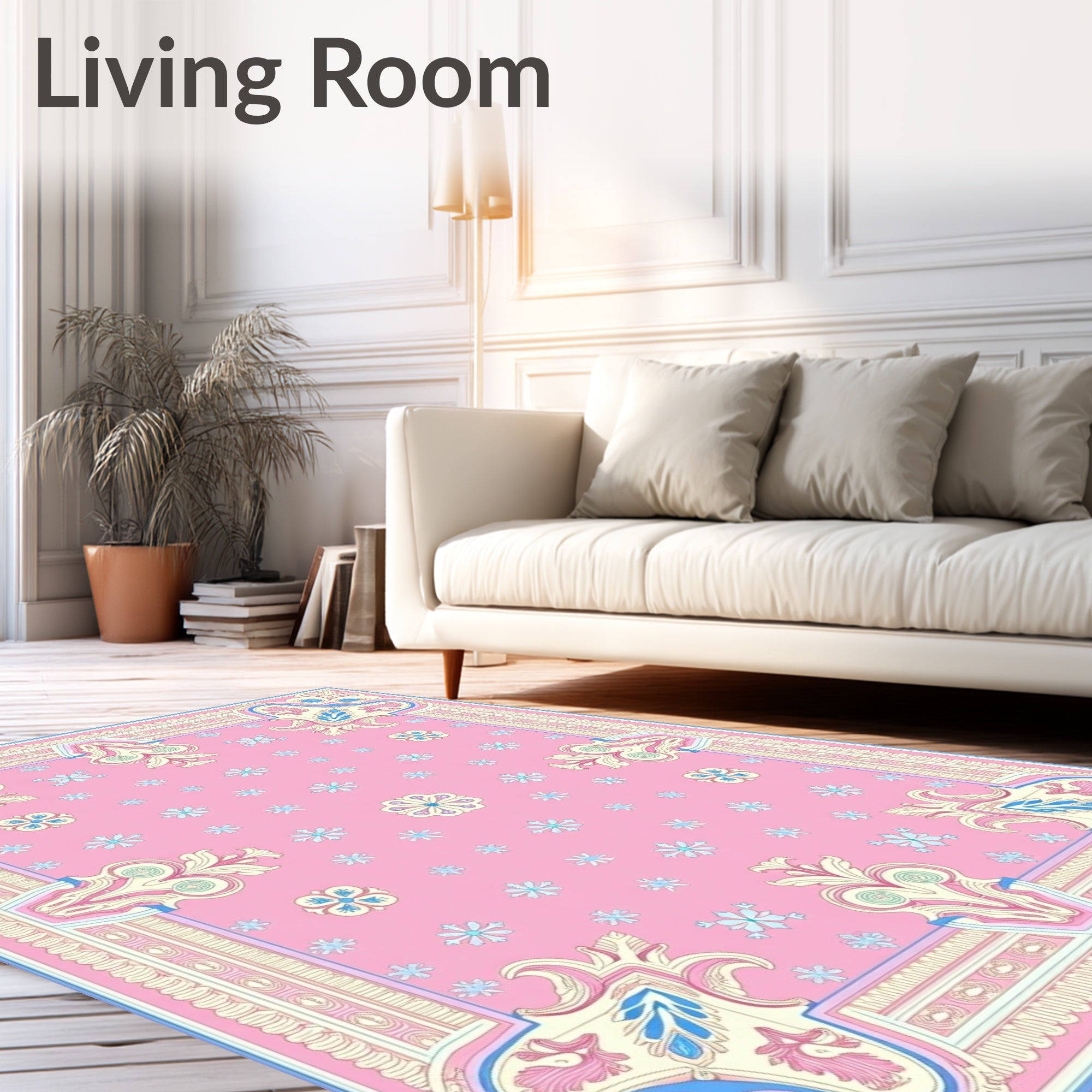 Pastel Pink Floral Scroll Medallion Rug