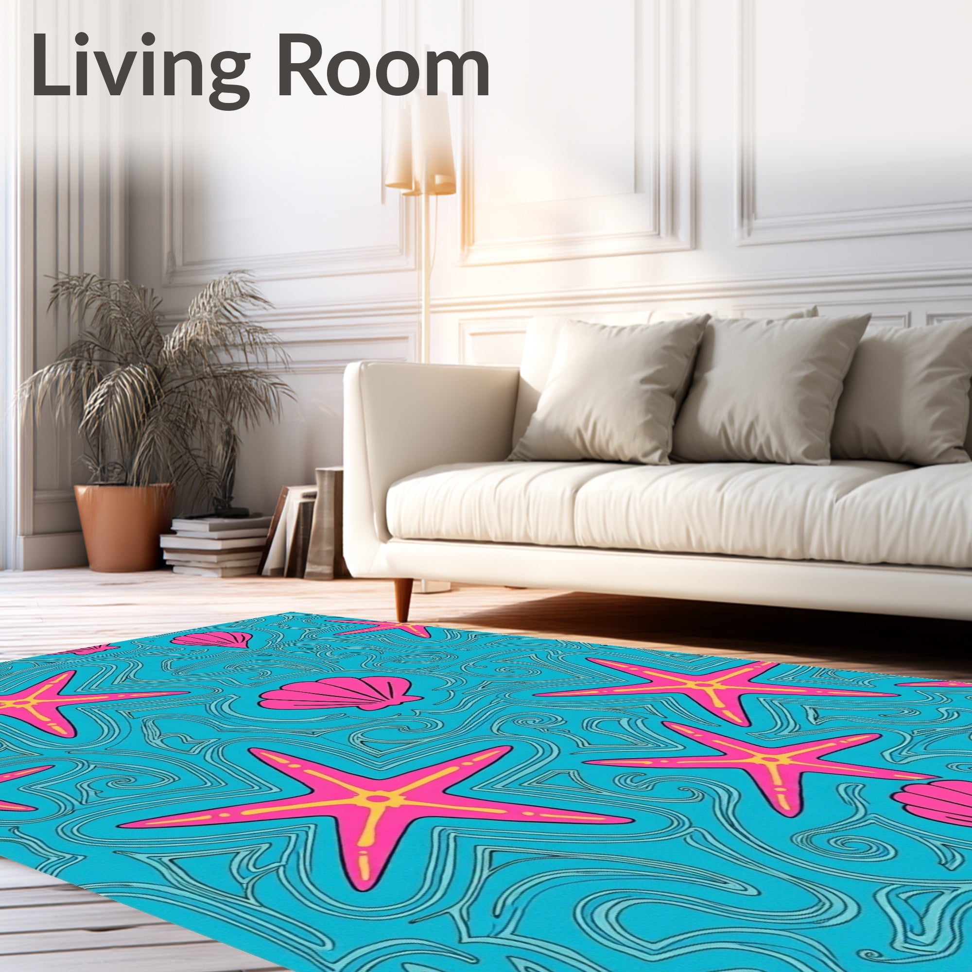 Bright Pink Starfish Seashell Swirls Rug