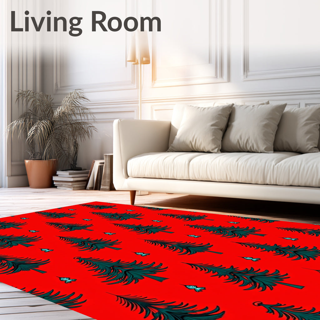 Festive Evergreen Tree Red Background Rug