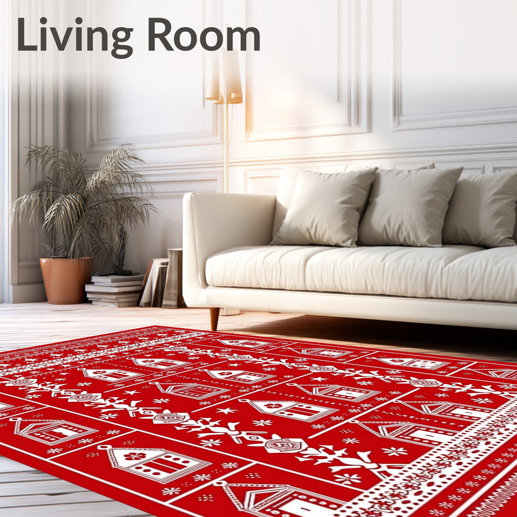 Red White Folk Art House Collection Rug