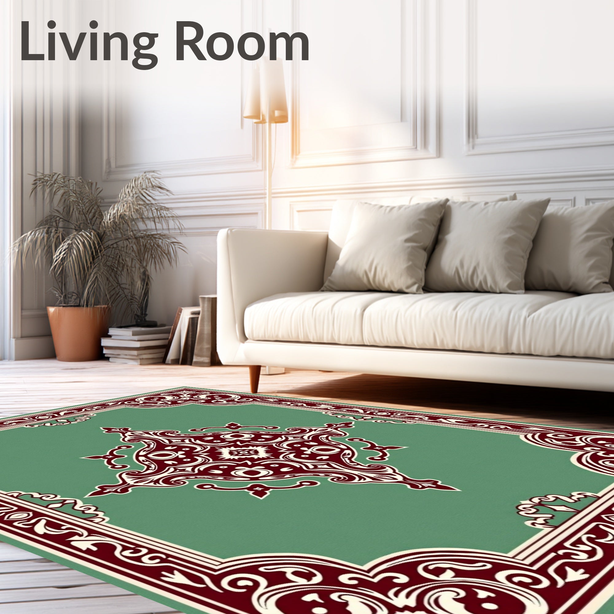 Deep Red Ivory Floral Border Rug