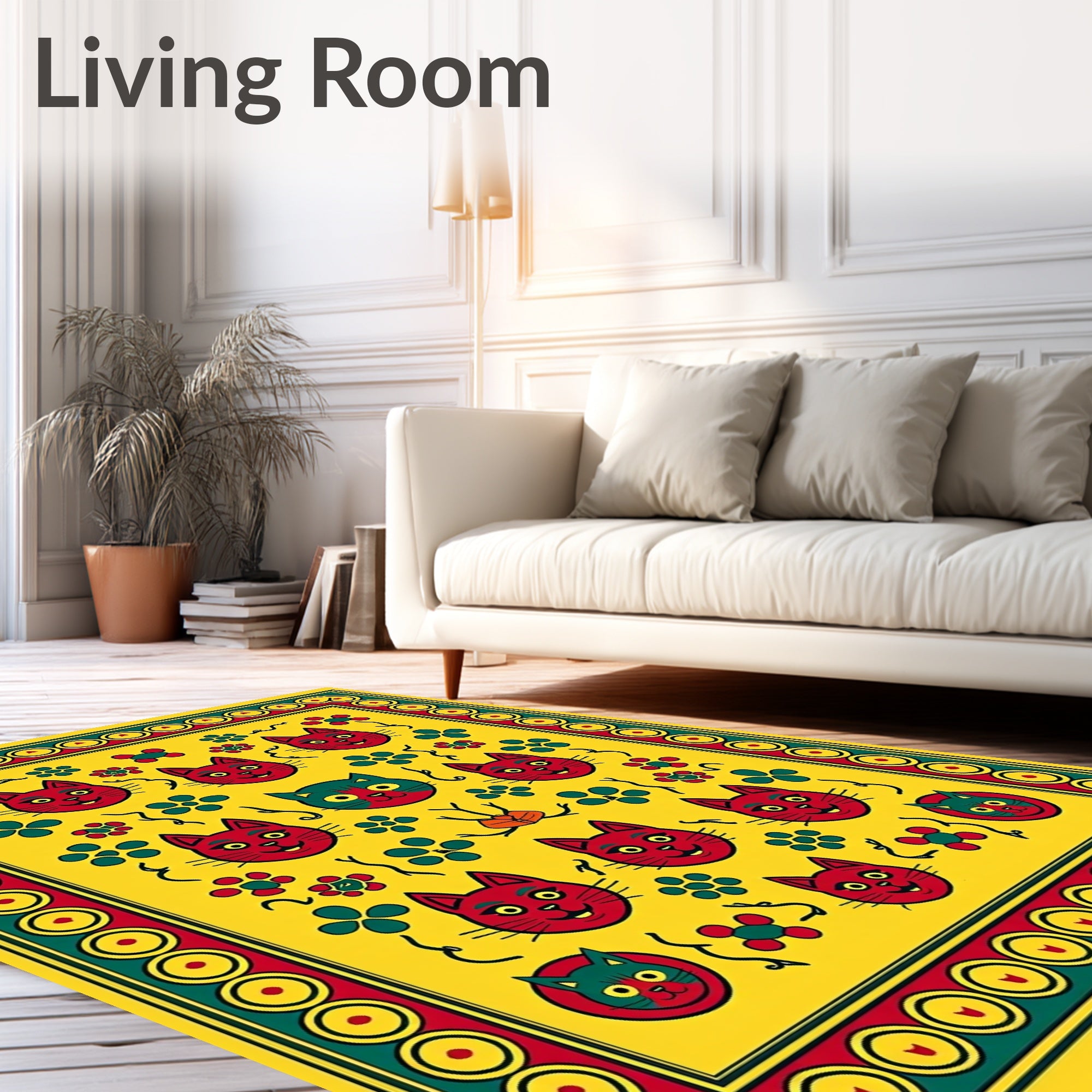 Whimsical Red Cat Yellow Floral Rug