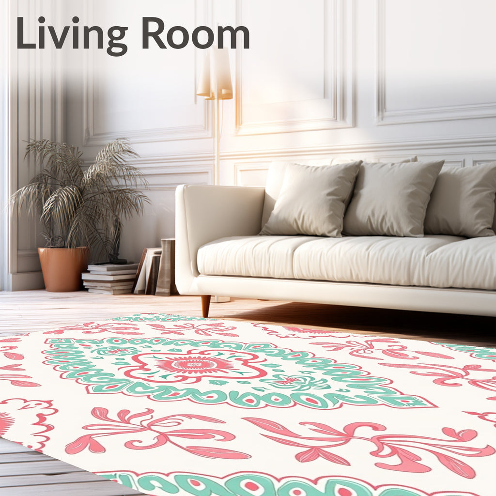 Coral Teal Damask Floral Medallion Rug