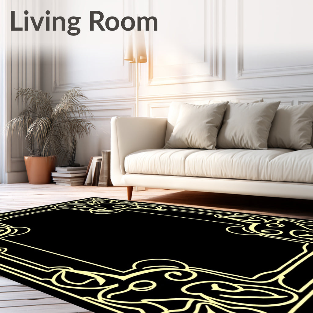Golden Black Ornate Floral Border Rug