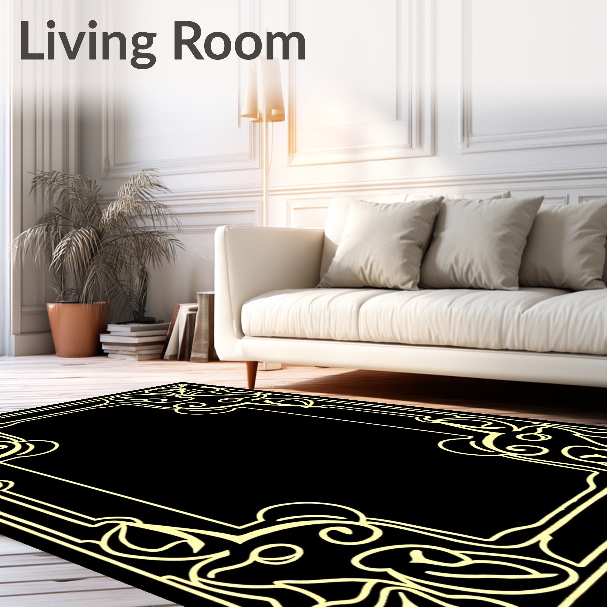Golden Black Ornate Floral Border Rug