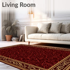 Crimson Red Ornate Scrollwork Blanket Stitch Rug