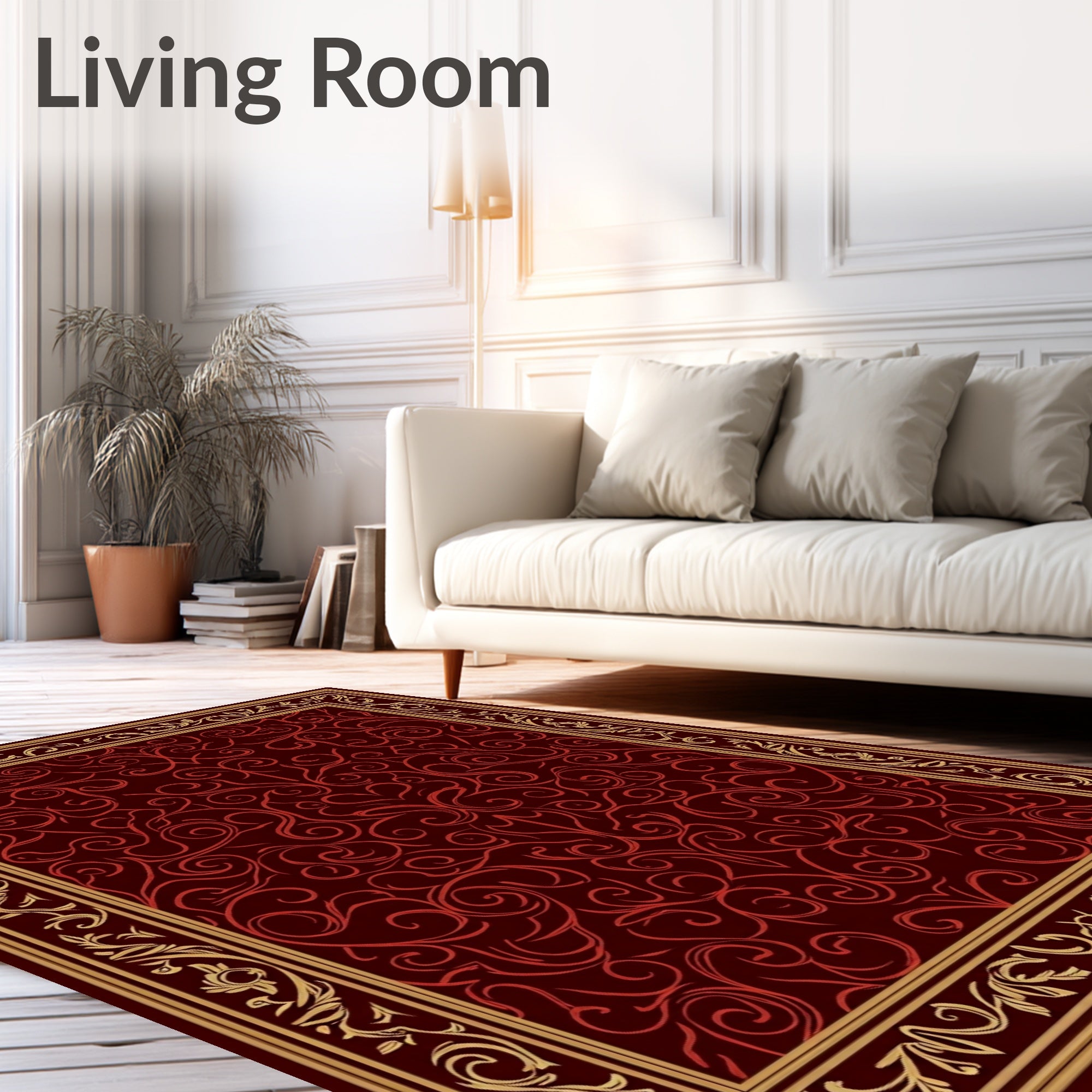Crimson Red Ornate Scrollwork Blanket Stitch Rug