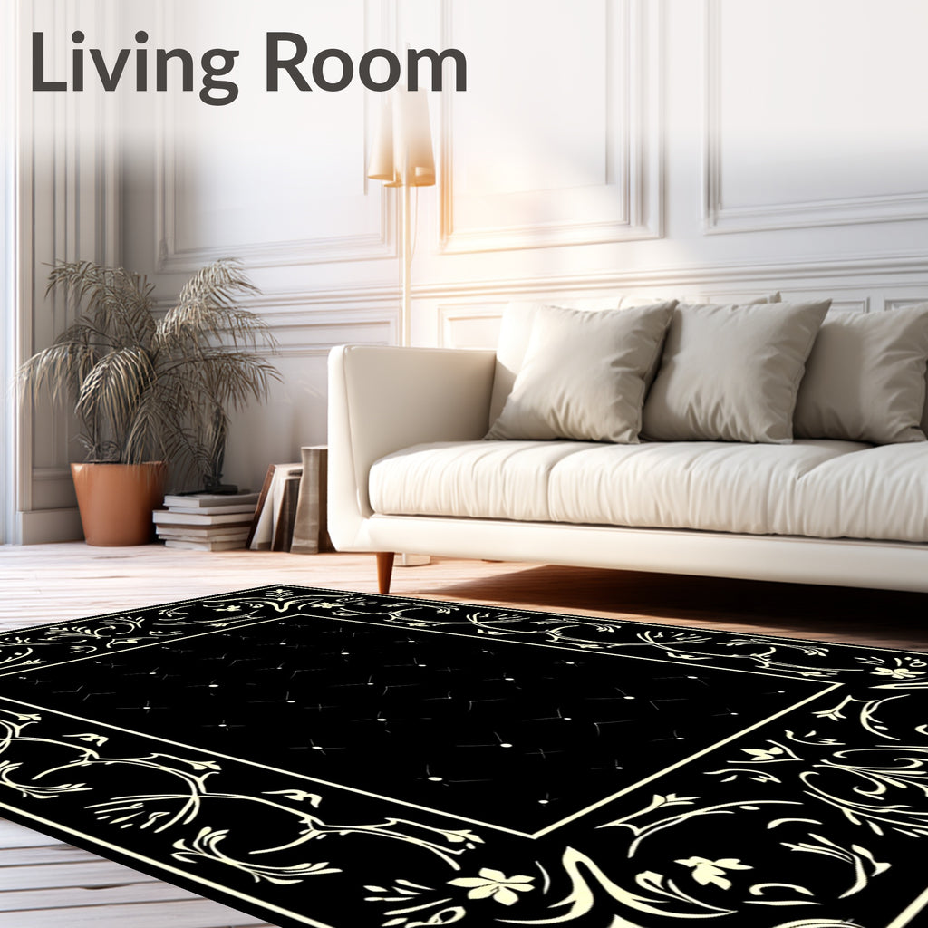 Black Ivory Classical Floral Border Rug