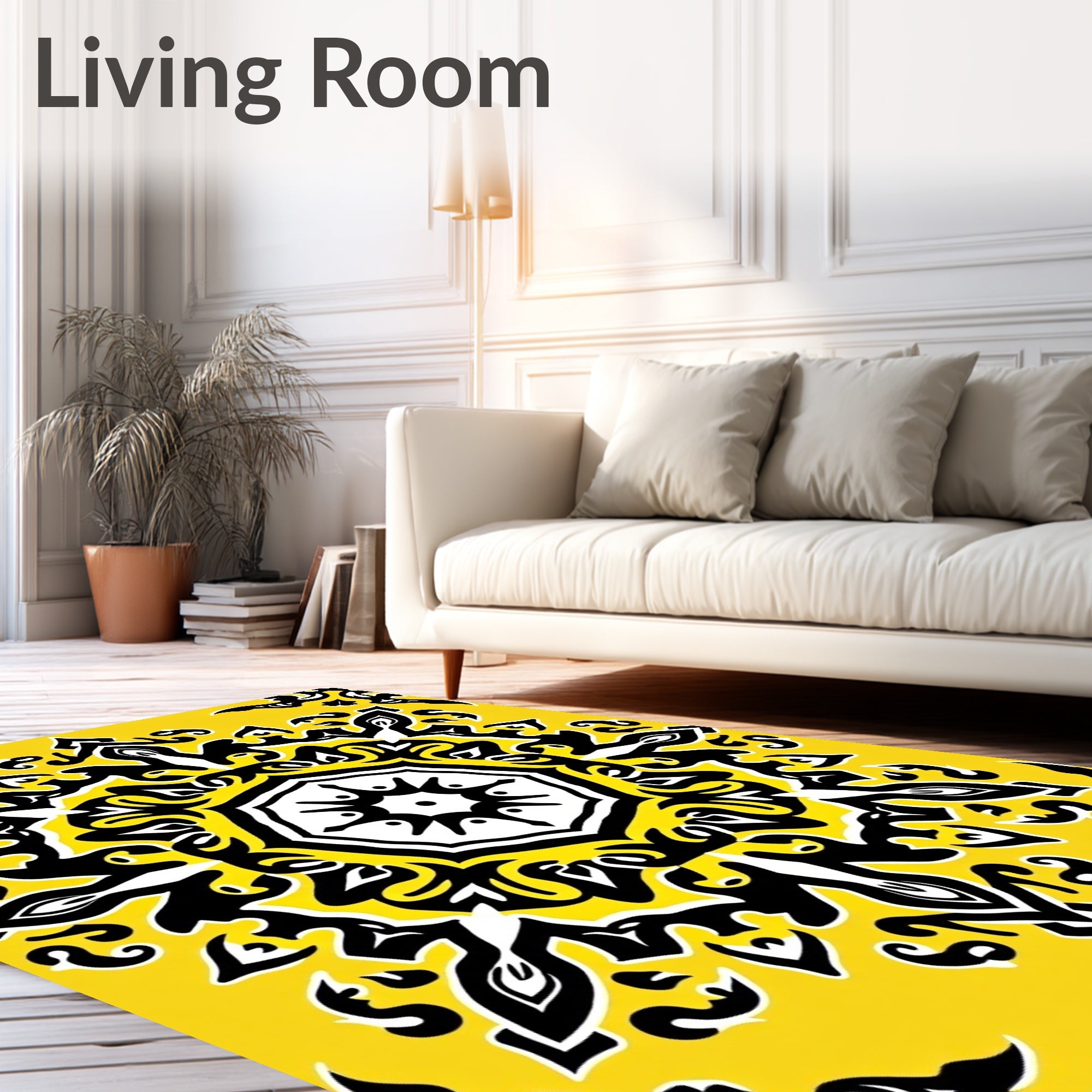 Vibrant Yellow Black Medallion Splatter Rug
