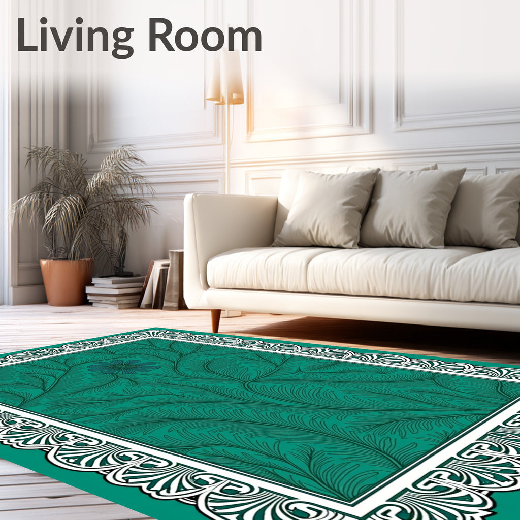 Teal Green Feathered Botanical Border Rug