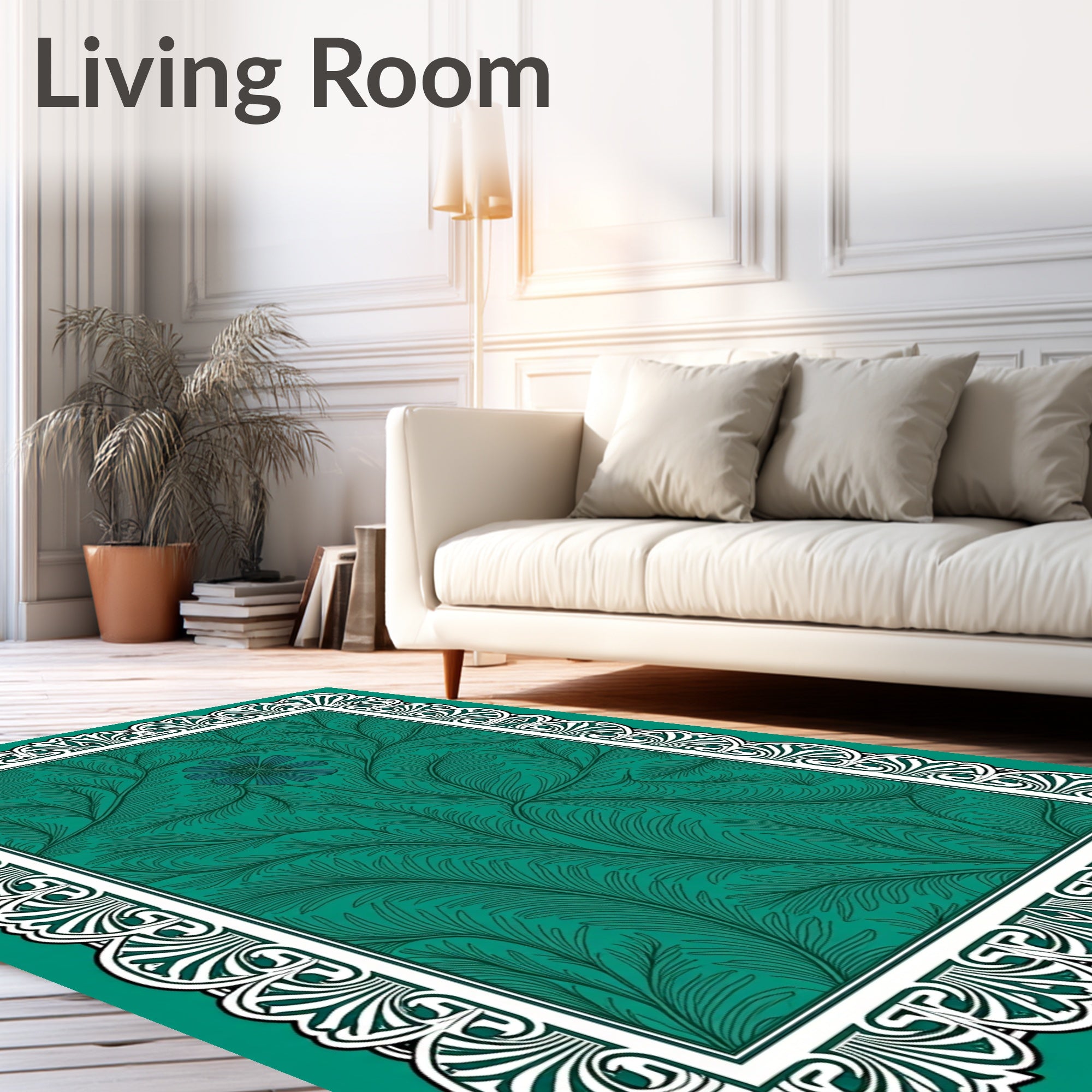 Teal Green Feathered Botanical Border Rug