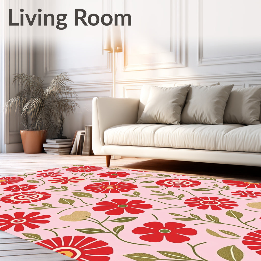 Retro Red Daisy Garden on Pink Rug