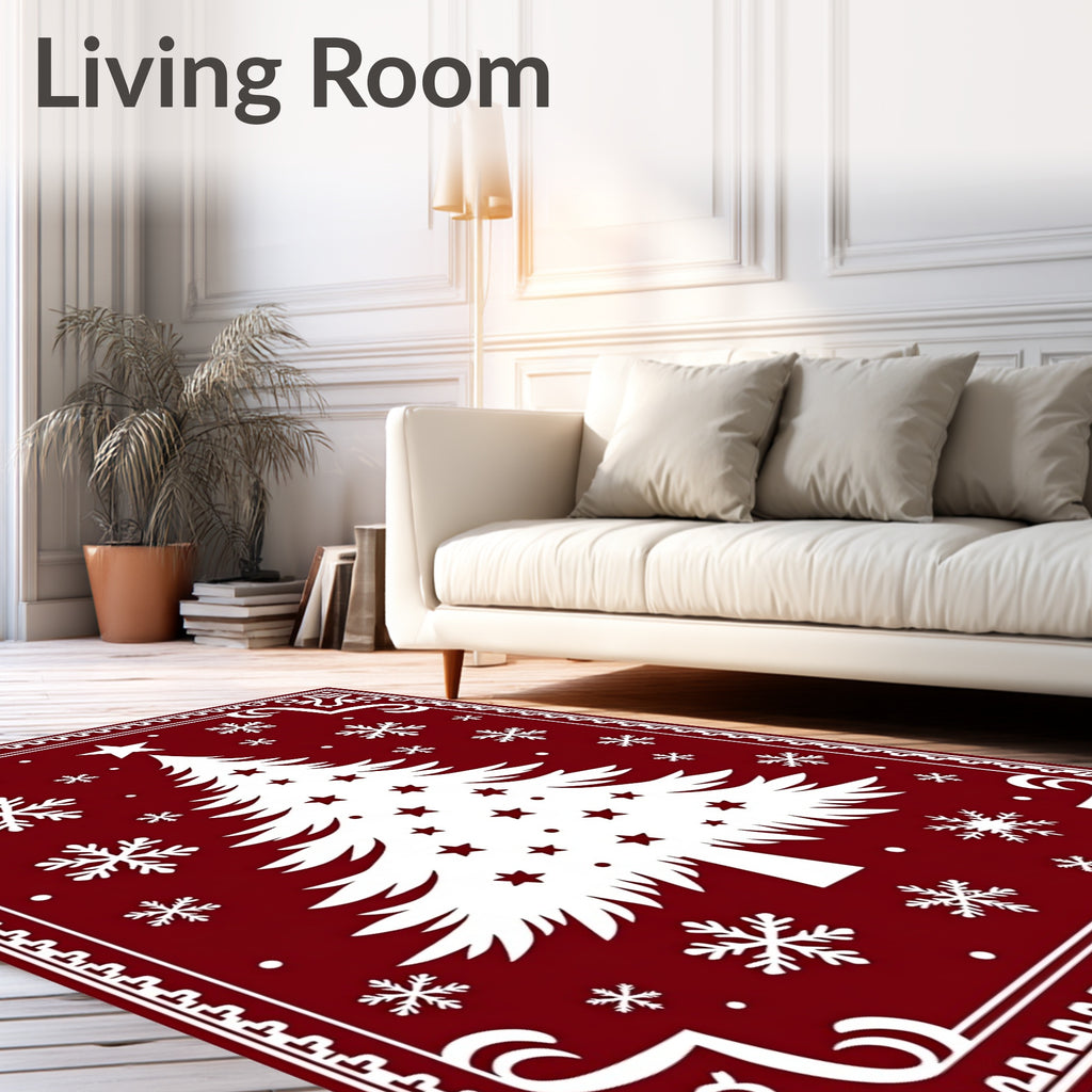 Crimson White Christmas Tree Snowflakes Rug