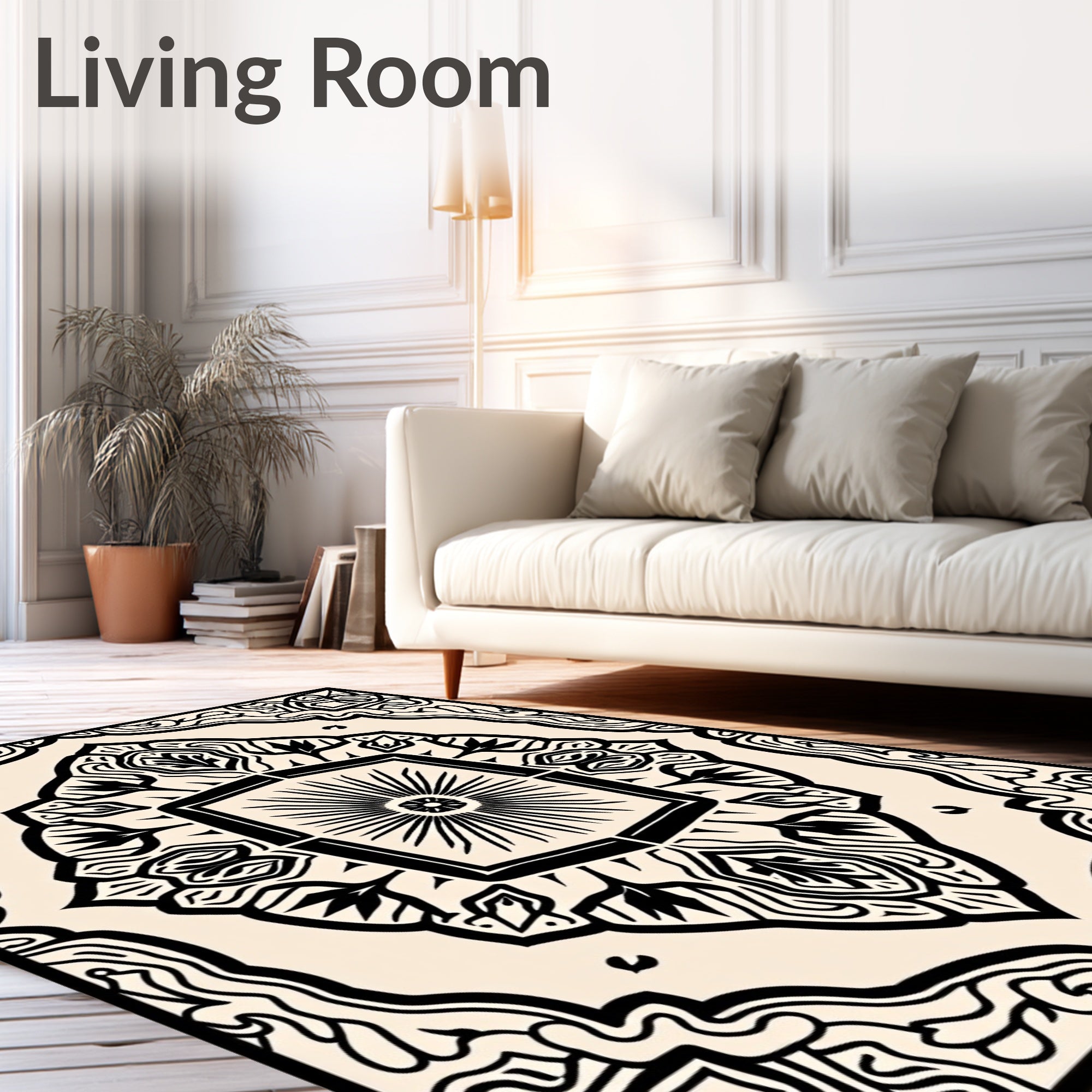 Ornate Black and Cream Mandala Rug