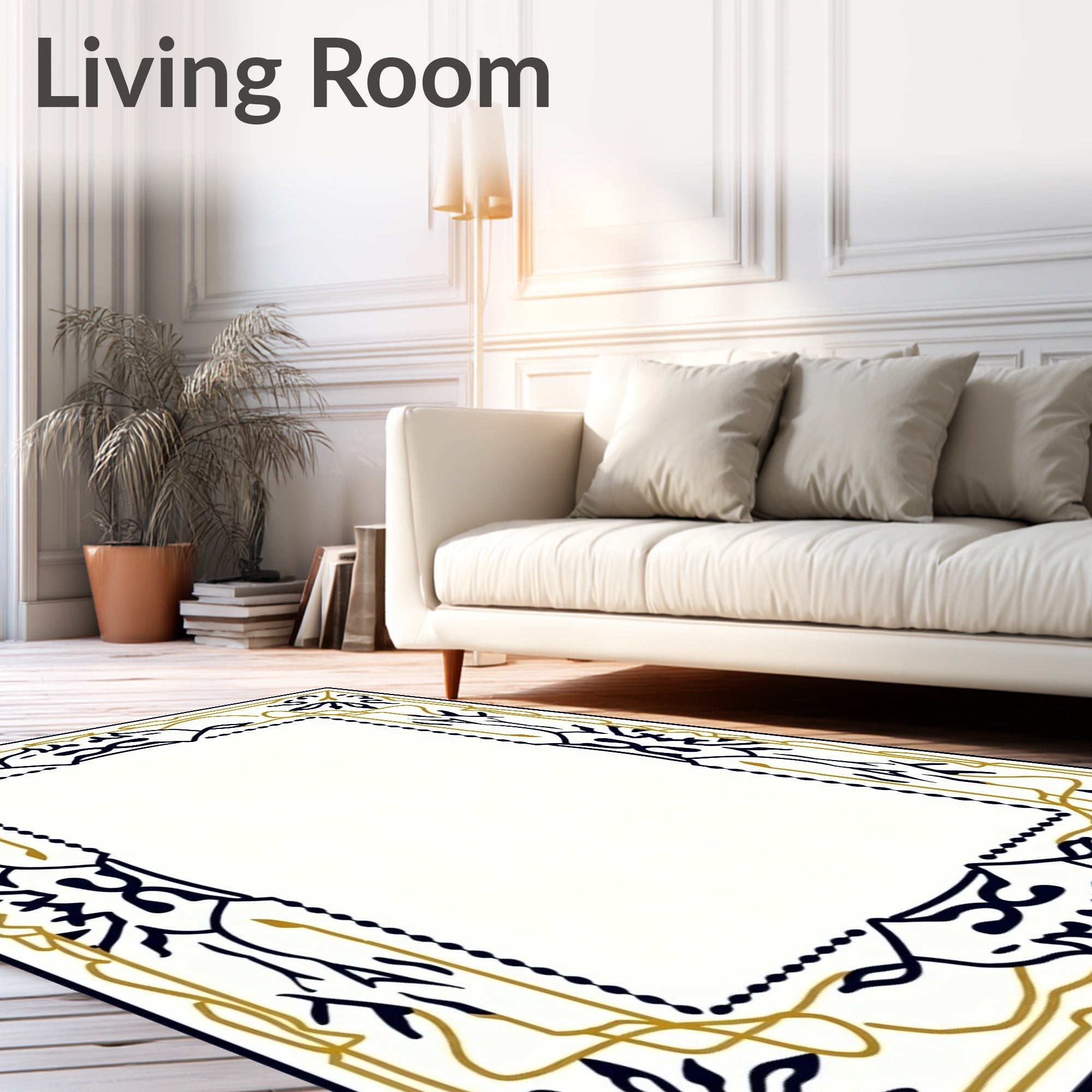 Elegant Gold and Navy Botanical Frame Rug