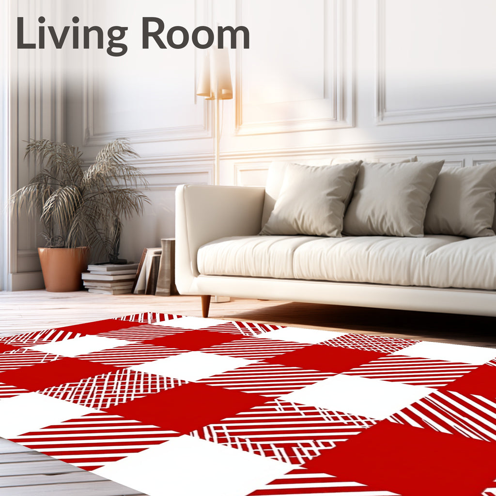 Bold Red White Gingham Lines Rug