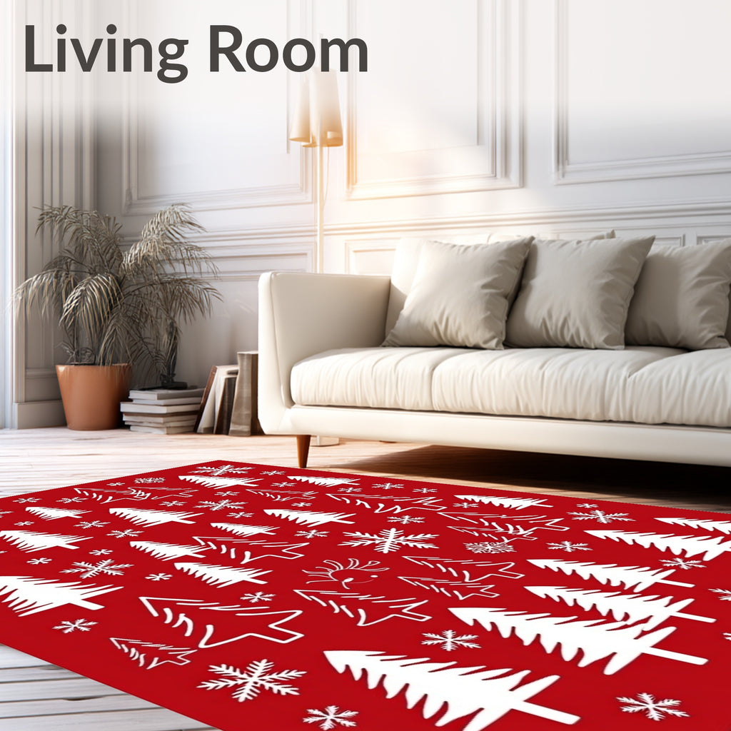 Crimson White Christmas Trees Snowflakes Rug